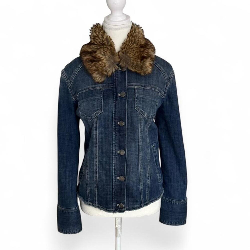Vintage Fur Neck Denim Jacket Fits Size Medium Chicos (1) Outerwear Jacket